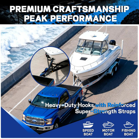 Rock Solid Boat Winch Strap With Zinc Plated Safety Hook 2 Inch By 20 Foot 18000 Lb Breaking Strength Marine Grade Polyester Webbing in use on a boat trailer.
