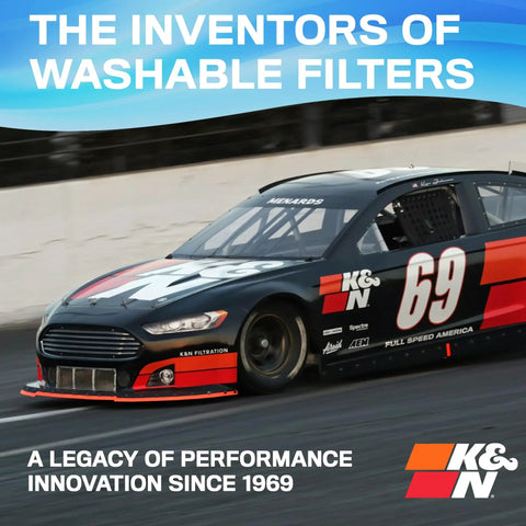 Racing car with 'K&N' branding, highlighting 'The Inventors of Washable Filters', promotes Lifetime Washable MERV 11 HVAC Filter 12x20x1.