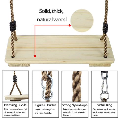 Wooden Swing Seat For Kids With Adjustable Height 31.5 To 63 Inches Backyard Outdoor Swing With Tree Straps Set Raw Wood Finish Supports Up To 300 Lbs Easy Hang From Tree And Quick Setup For Patio And Playground showing solid wood seat, nylon rope, and metal buckle details.