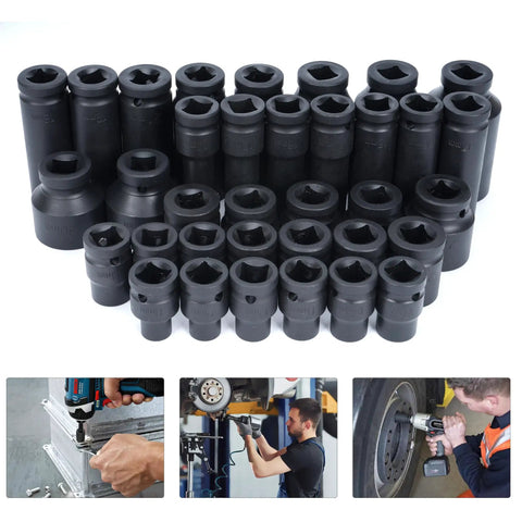 35-Piece 1/2 Inch Drive Deep Impact Socket Set With 6-Point Sockets, Heavy Duty Spindle And Axle Nut Kit, Deep Length 38mm And 78mm