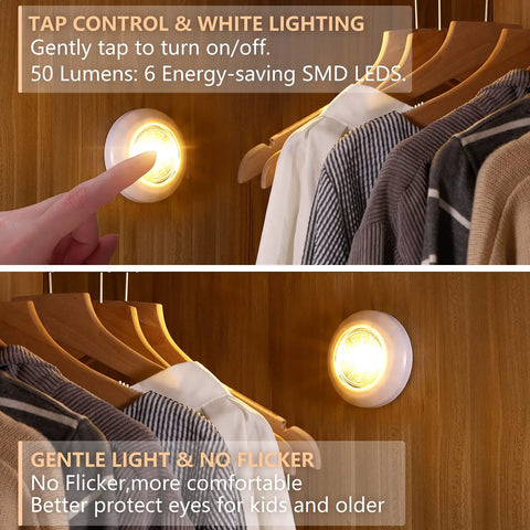 5 Pack LED Battery Powered Wireless Night Light Sticks Tap On Touch Lamp illuminating closet with clothes