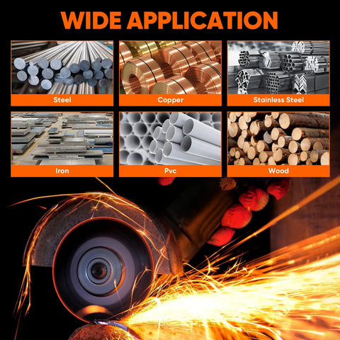 Wide application showcasing materials like steel, copper, stainless steel, and wood with Dead Reliable 4 5 Inch Cut Off Wheels.