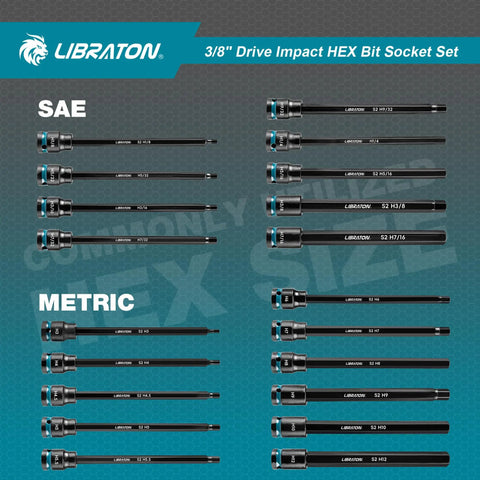 Heavy Duty 3/8 Inch Drive Long Impact Hex Bit Socket Set Built Like A Tank With S2 Steel Insert And CRV Body Featuring Manganese Coating For Zero Slack And Daily Shop Hustle, showing SAE and Metric sizes.