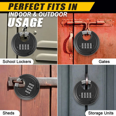 Rugged Outdoor Combination Disc Padlock With Four Digit Code in use on lockers, gates, sheds, and storage units, black 3/8 inch shackle.