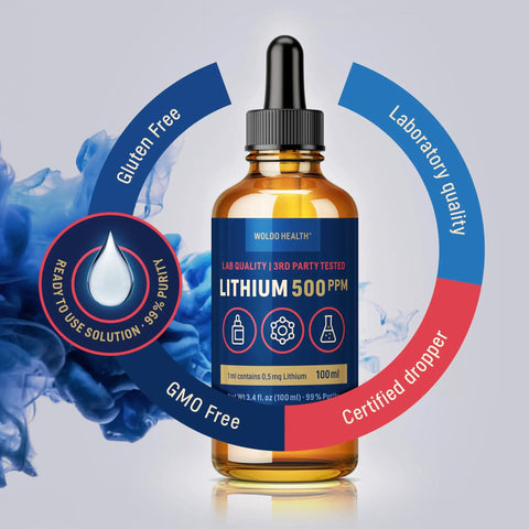 Lithium Orotate Solution 500 Ppm For Lab Use High Purity Laboratory Grade 3.38 Fl Oz glass bottle with dropper, lab quality.