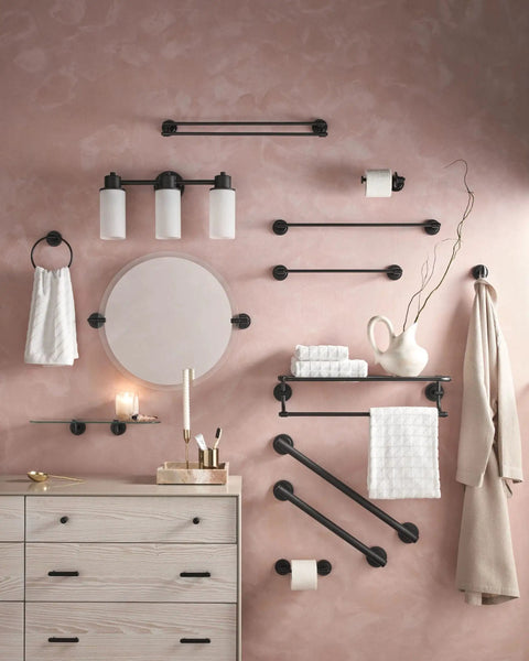 Iso 24-Inch Wide Hotel-Style Bathroom Towel Shelf With Towel Bar Matte Black Dope Modern Bath Organizer Keeps Towels Handy And Adds Sleek Everyday-Ready Style on a pink wall with decor