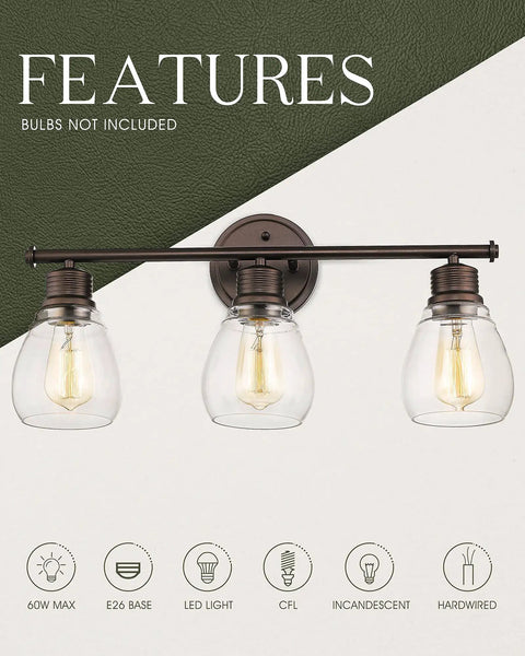Three Light Bathroom Vanity Light Fixture With Farmhouse Metal Frame And Clear Glass Lampshades, Durable Bronze Finish