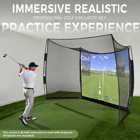 Golfer using 11x8Ft Golf Practice Net With High Density Impact Screen And Target Cloth Built Tough Swing Cage for home training