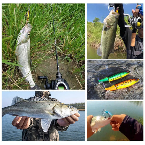 Anglers using Whopper Bass Topwater Lure Kit With Floating Rotating Tail And Barb Treble Hooks, Plopper Lures For Saltwater And Freshwater