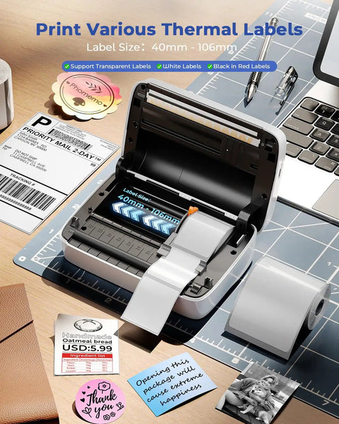 Inkless 4X6 Thermal Label Printer For Shipping Hella Crisp 203 Dpi Prints With Zero Mess Efficiently Loads Roll And Fanfold Paper Simple Setup That Kicks Things Into High Gear with label rolls visible and printed shipping labels.