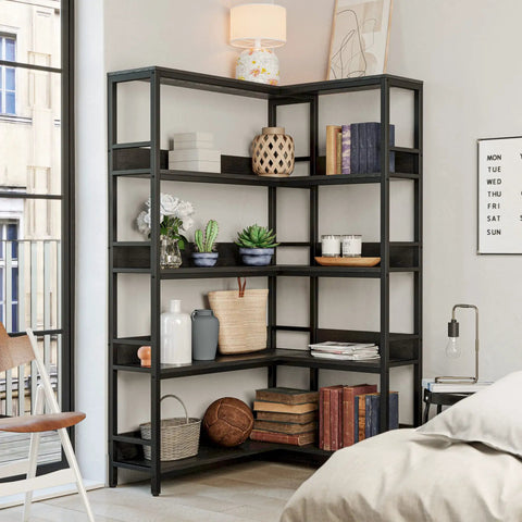 FiveTier Industrial Corner Bookshelf With HeavyDuty Metal Frame L Shaped Storage Rack For Cramped Corners filled with books and decor.