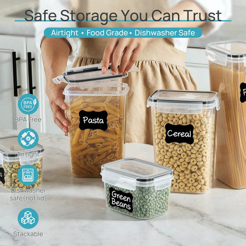 Person organizing kitchen with Stackable Airtight Food Storage Containers With Lids, 24-Piece Plastic Canister Set.