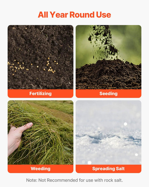 Image showing fertilizing, seeding, weeding, and spreading salt, illustrating uses for Tow Behind Lawn Spreader For Seed Fertilizer Ice Melt.