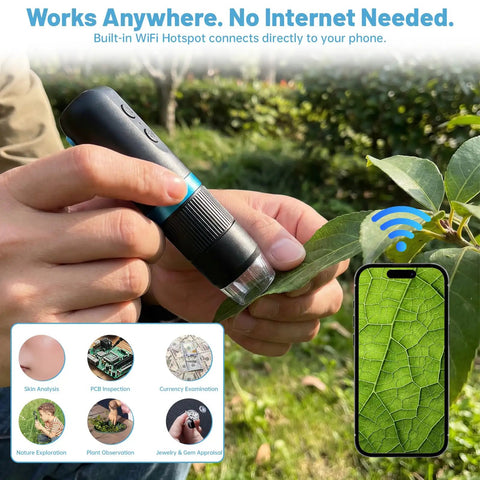 Pro Grade Skin Analysis Microscope With Stand For Home And Salon 1000X 1080P HD Wireless USB Camera in use on leaf