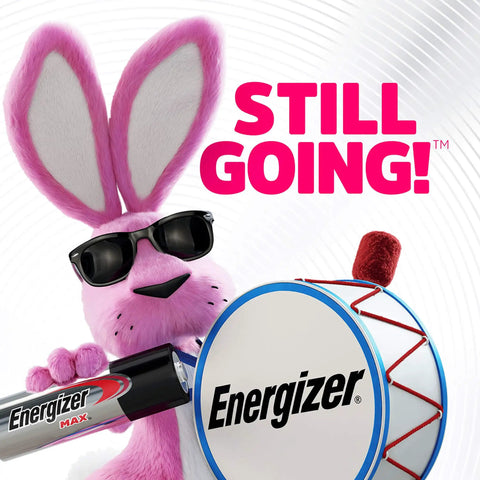 Animated pink rabbit wearing sunglasses holds Energizer battery and drum, promoting energy and longevity in devices.