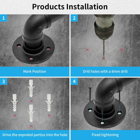Installation steps for sturdy 2 ft wall handrail for indoor stairs, galvanized pipe railing, black powder coated steel.