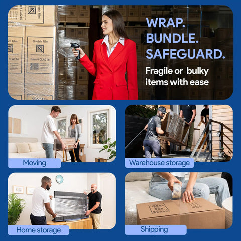 Four Pack 18 Inch Heavy Duty Stretch Wrap For Moving Day 1200 Feet Per Roll Clear Self Adhesive Packing Film in use during moving and storage.