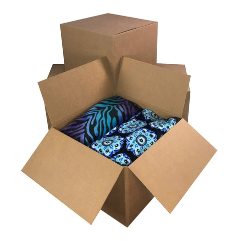 Rock Solid Large Cardboard Moving Boxes For Easy House Moves And Reliable Storage filled with colorful fabrics in heavy duty corrugated cartons.