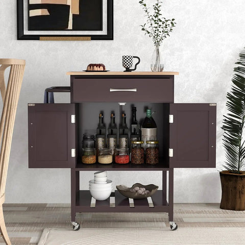 Slick Rolling Kitchen Island Cart With Dope Rubberwood Top And Quick Release Drawer Perfect Go To Coffee Bar Station With Deep Open Shelf And Convenient Towel Rack In Warm Honey Brown, featuring storage and rolling wheels.