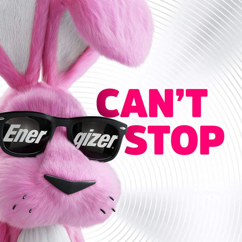 Pink bunny mascot wearing sunglasses with 'Energizer' logo, emphasizing the message 'CAN'T STOP'.