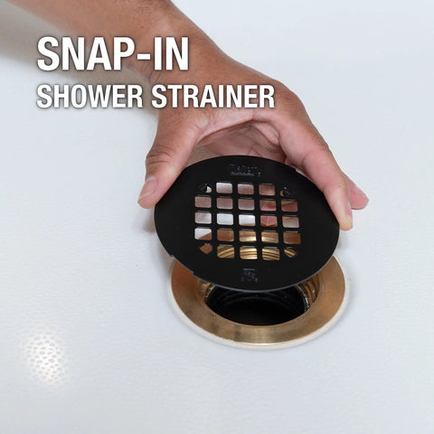Universal Round Shower Strainer Snap In 4.25 Inch Drain Top Matte Black Finish Keeps Drain Clear And Flowing Freely With Durable Stainless Steel Construction Replacement Strainer To Stop Clogs In The Shower.