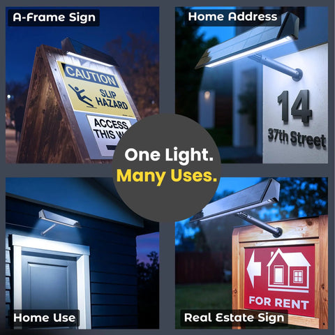 Adjustable Solar Sign Lights Outdoor Black LED Floodlight For House Numbers Real Estate Curb Appeal Crisp Cool White Beam IP65 Weatherproof Dusk To Dawn Sensor hits hard at night illuminating a home address, A-frame sign, and real estate sign.