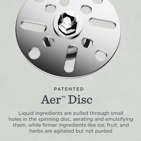 Close-up of stainless steel Aer Disc from 48 Ounce Aer Disc Blender Container With Self Detect Tech Tamper Low Profile And BPA Free Dishwasher Safe Goes With All Full Size Blenders For Smoothies Sauces Dressings And Creamy Whips.