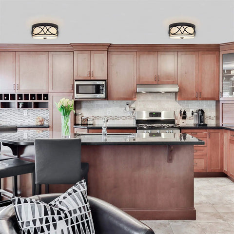 Super Sleek Modern 13 Inch Two Light Flush Mount Ceiling Light With Metal Drum Shade And Cream Inner Shade, Kitchen View