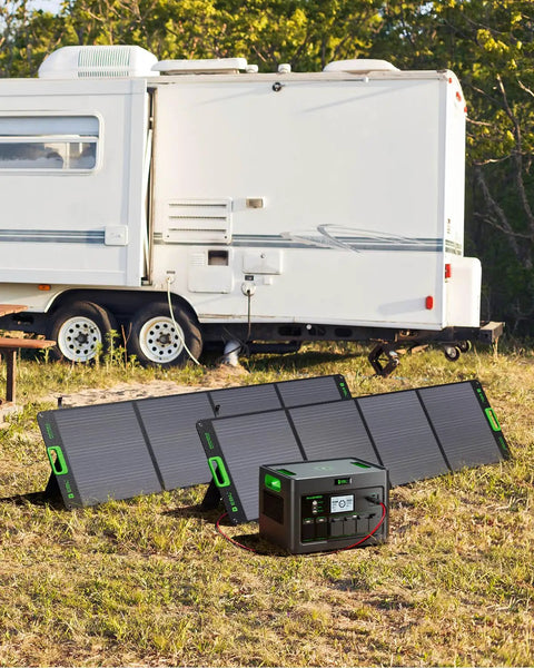 Massive 1843.2Wh LiFePO4 Portable Power Station with 2400W Peak Output next to RV, two 200W solar panels for quick off-grid charging