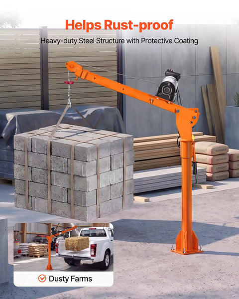 Heavy Hitter Electric Pickup Truck Crane Featuring A 3500 Pound Electric Winch And 360 Degree Swivel Folding Hoist for lifting cinder blocks at a job site.