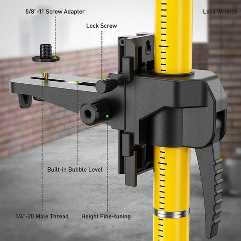 12 Foot Telescoping Pole For Laser Level Mounts On The Job Site With Adjustable Height For Rotary And Line Lasers Mounting One Quarter Inch By Twenty Inch Tripod Included Five Eighths Adapter Nut LP36 showing built-in bubble level and lock screws.