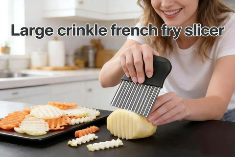 French fry slicer with stainless steel blade and black handle; cuts potatoes into crinkle fries.