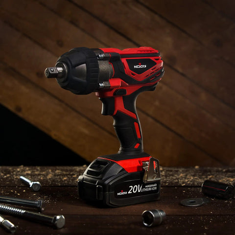 Beefy 20V Cordless Impact Wrench Kit With 300 Ft Lb Torque shown with half inch detent anvil on a wooden background.