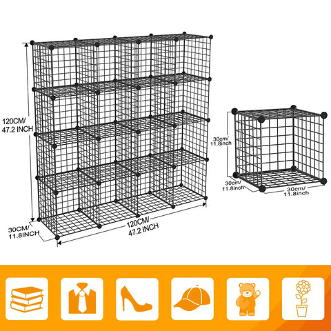 Diagram of All In One Freely Configurable Wire Cube Storage Organizer System With 16 Modular Metal Grids Great For Toys, Books, Clothes, Shoes, Plants, And Pets Black Iron Finish with dimensions.