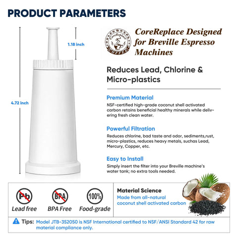 Two Pack Replacement Water Filter For Espresso Machines Compatible With Oracle Touch BES990 And BES980, Barista Pro BES878, Claro Swiss Breville Models, Compare To Part BES008WHT0NUC1, 4.72-inch white carbon filter