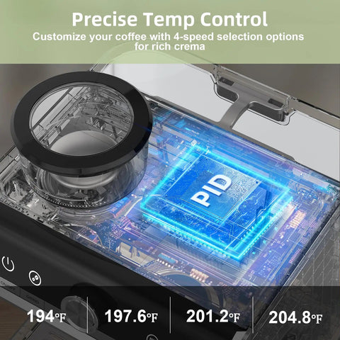 Professional Home Espresso Machine With Quick Grind Core And Rich Milk Frother, 20 Bar Pump For Pulling Tight Shots, 30 Grind Settings And Dual Cup Setup showing precise PID temperature control features.