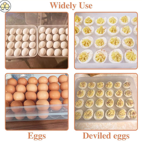 Two Pack Covered Egg Holder Set Clear Stackable Egg Trays For Refrigerator Each Tray Holds 24 Eggs Total 48 Eggs Durable Plastic Storage with Deviled Eggs