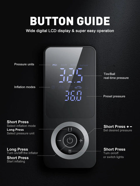 Cordless Tire Inflator With Gauge On The Go Mini Air Compressor Dual Power 12V Built In Battery Portable Bike Pump Control Panel