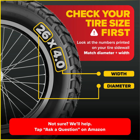 Close-up of tire sidewall showing 26x4.0 size marking for Fat Bike Inner Tubes 26x4.0 With Schrader Valve Two Pack Includes Tire Levers For Mountain Ebike Gravel And City Bikes Fits 26 Inch Fat Tires Durable And Reliable highlighting width and diameter check