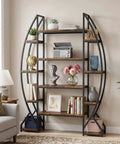 Industrial Oval Etagere Bookshelf With Triple Wide Design And Five Tiers Boss Black Iron Pipe Frame And Wood Shelves in living room
