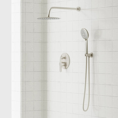 Heavy Duty Shower System With A Ten Inch Rain Shower Head And Adjustable Handheld Mount In Glossy Brushed Nickel on tiled wall.