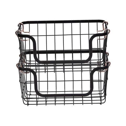 Real Deal Stackable Metal Wire Storage Baskets With Rose Gold Handles Set Of Two Black, stackable design, steel wire frame, 12.2x6.4x5.6 inches.