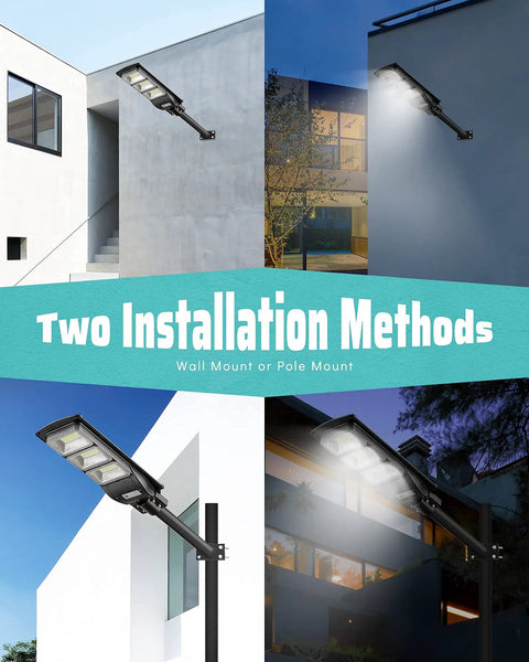 Ultra Bright Solar Street Light mounted on wall and pole, showcasing outdoor security lighting options in various settings.