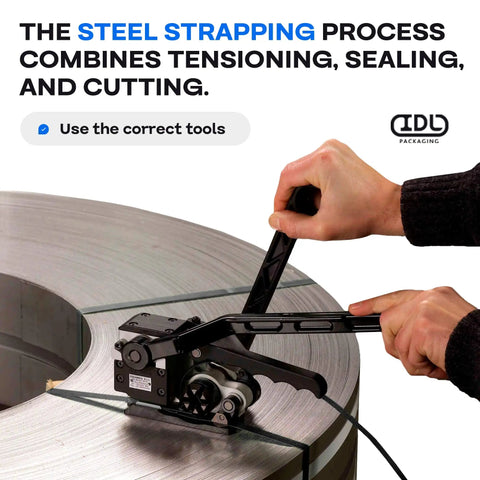 Heavy Duty Steel Strapping Coil, 1/2 Inch Wide, 0.020 Inch Thick, 200 Feet Long, 1100 Lb Break Strength tool in use