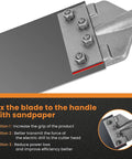 Close-up of Rugged SDS Max Floor Scraper blade attachment showing bolts and handle connection details.