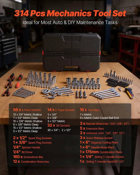 314 Piece Mechanic Tool Set Built Like A Tank With 1/4 3/8 And 1/2 Inch Drive Metric Sockets arranged in storage box on a workbench.