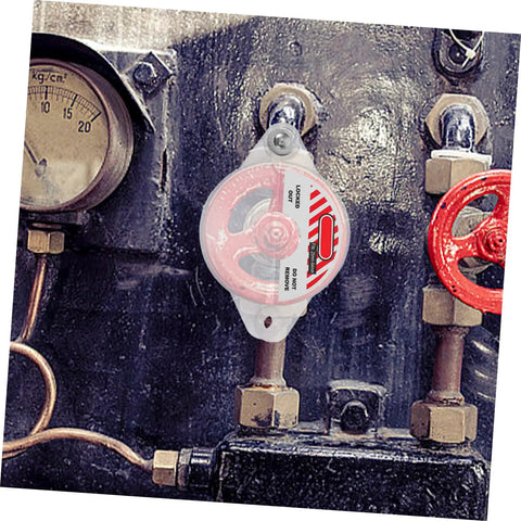 Heavy Duty Gate Valve Lockout Device For Water Spigot Security features transparent window on industrial plumbing setup.