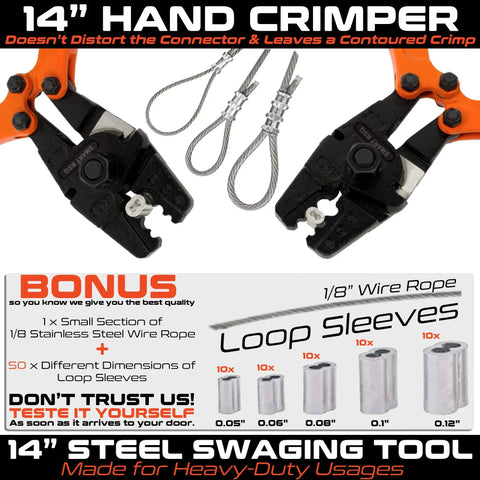 Heavy Duty 14 Inch Hand Swaging Crimping Tool With No Slip Handles for various cable sleeves and wire rope uses.