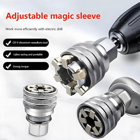 Close-up of adjustable universal socket wrench for ten to nineteen millimeter nuts and bolts fits three eighths inch drive ratchets.