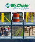 Collage showing various uses of Mr. Chain products: safety, construction, industrial, crowd control, landscaping, and commercial.